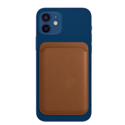Blue smartphone with dual camera and attached brown leather card holder wallet on back