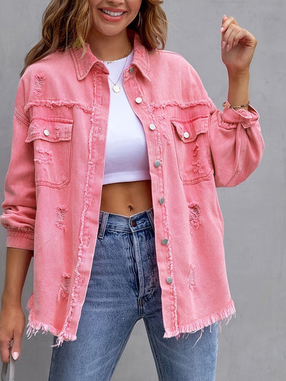 Ripped Shirt Jacket | Casual Womens Tops | Loose Fit Coat For Autumn Spring