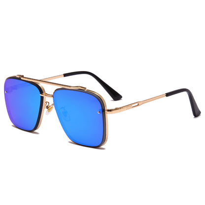 Square blue mirrored lens sunglasses with gold metal frame and black temple tips on white background