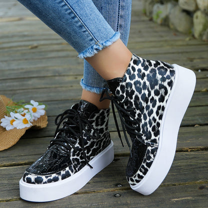 Leopard Print Women's Shoes | High-Top Casual Shoes With Flat Platform Sole
