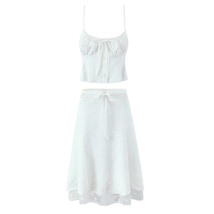 Lace Sling Vest Skirt - Retro Two Piece Set With Long Lace Skirt & Small Sling Vest
