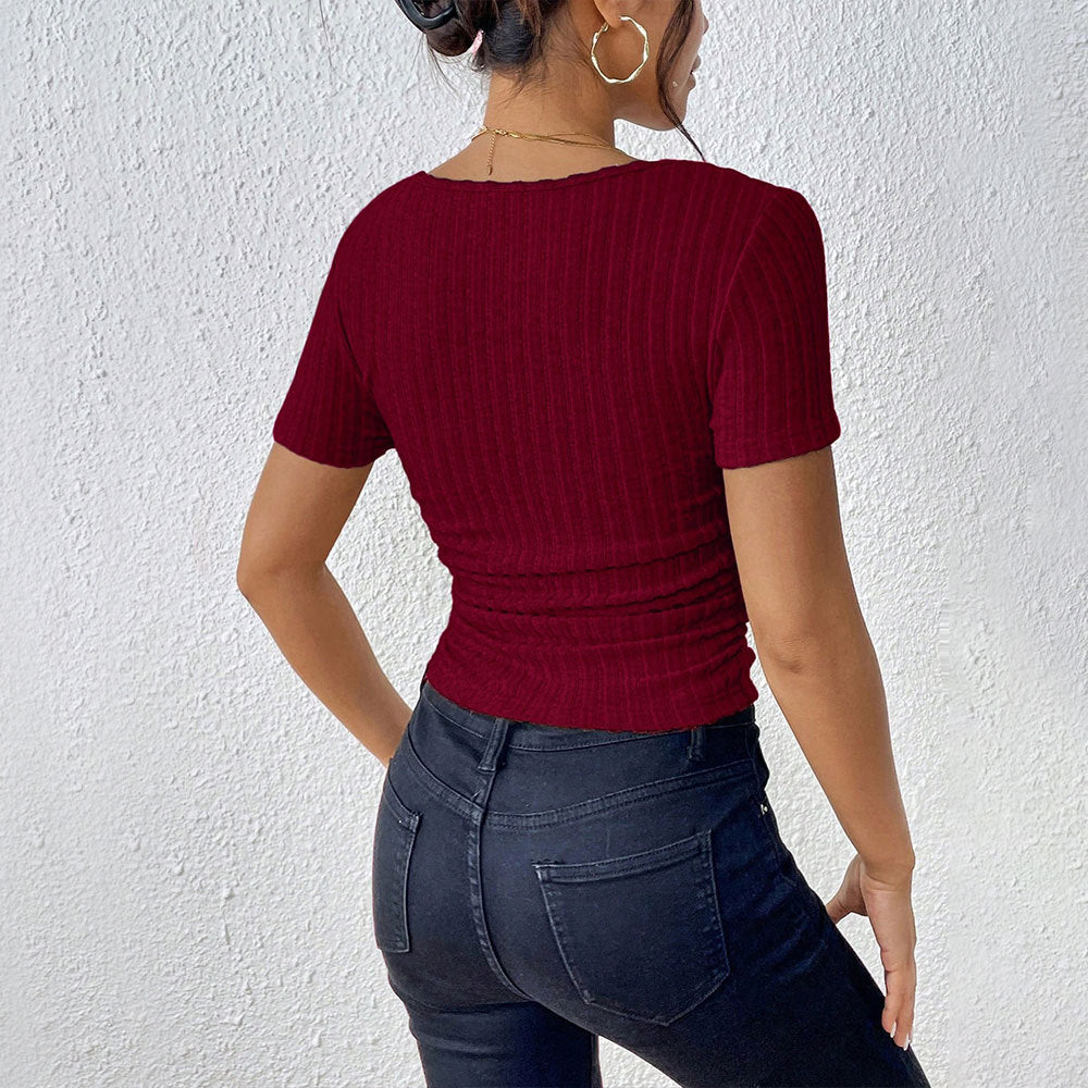 Mature Elegant T-Shirt - Burgundy Short Sleeve Slim Fit Pullover Top