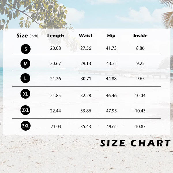 Size chart table showing length, waist, hip, and inside measurements for S to 3XL with beach background