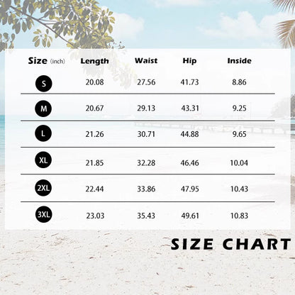 Size chart table showing length, waist, hip, and inside measurements for S to 3XL with beach background