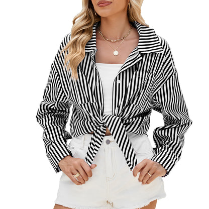 Striped Long Sleeve Shirt - Casual Button Top With Pockets | Loose Fit Women's Blouse