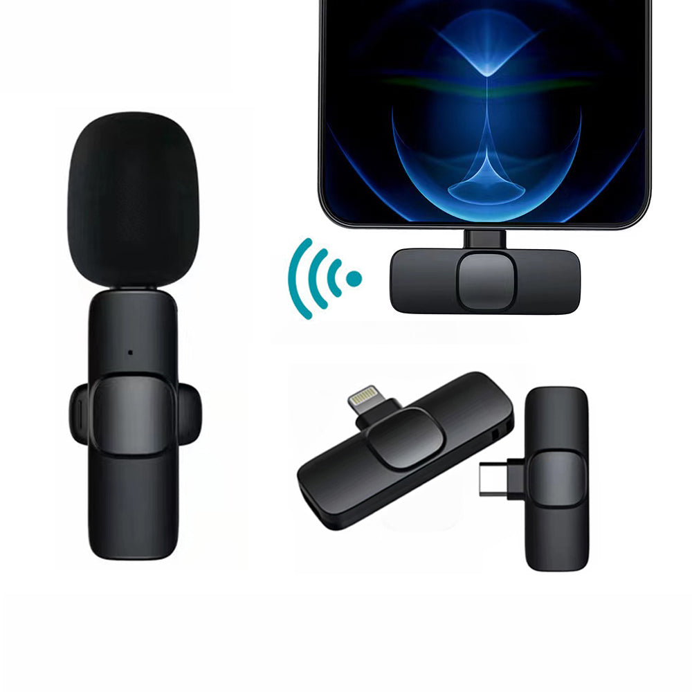 Wireless clip-on microphone system with smartphone receiver, USB-C and Lightning adapters