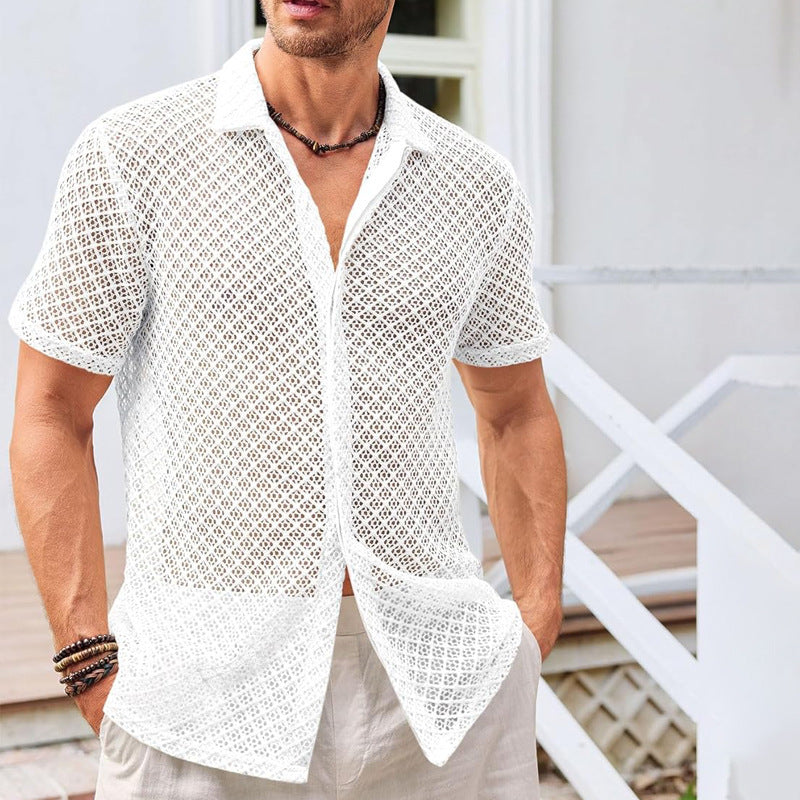 Summer Mesh Shirt - Men's Beachwear Short Sleeve Top With Lapel Collar