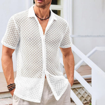 Summer Mesh Shirt - Men's Beachwear Short Sleeve Top With Lapel Collar