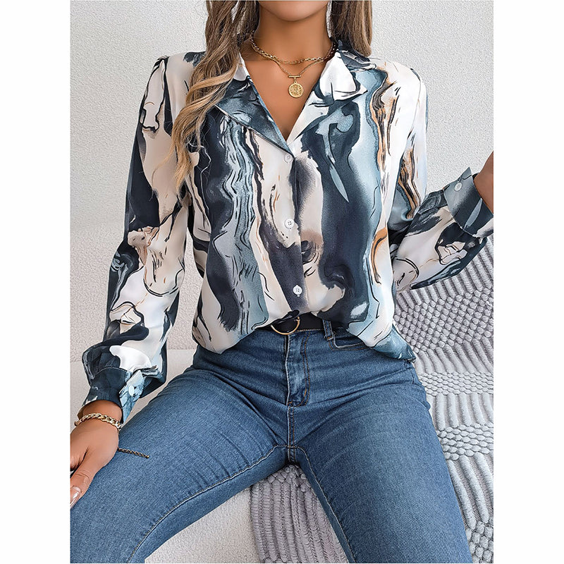 Printed Button Down Shirt - Women's Fall Tops With V Neck & Long Sleeves