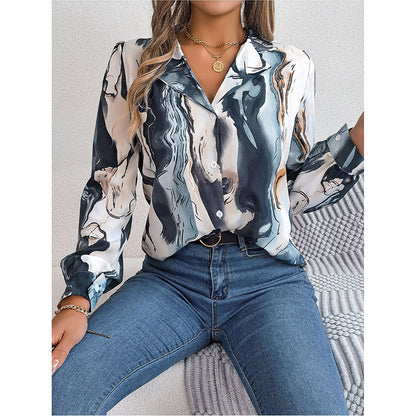 Printed Button Down Shirt - Women's Fall Tops With V Neck & Long Sleeves