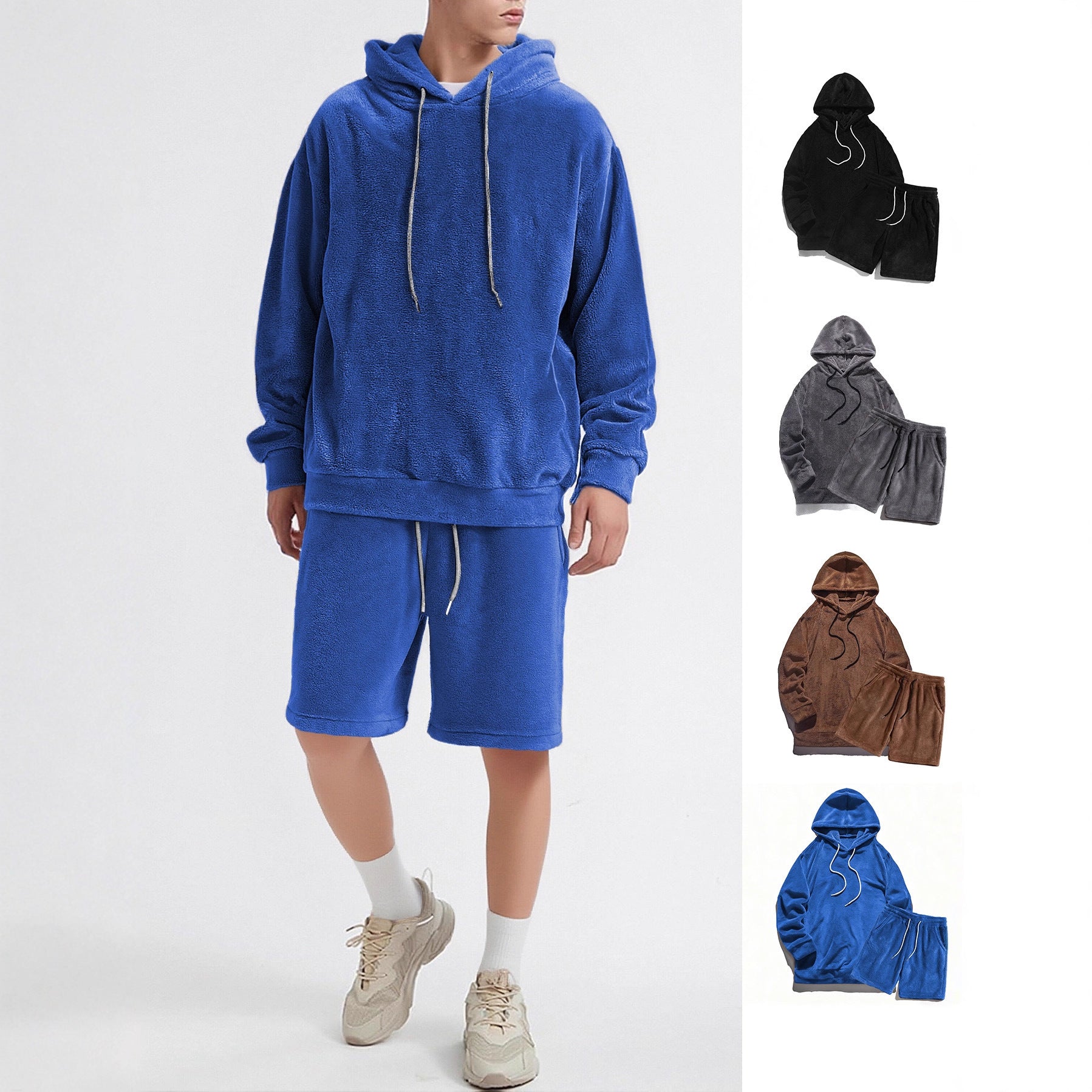 Man wearing blue plush hoodie and shorts set with white sneakers; additional sets in black, gray, brown, blue