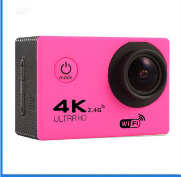 Pink 4K Ultra HD action camera with WiFi and 2.4G connectivity, compact design