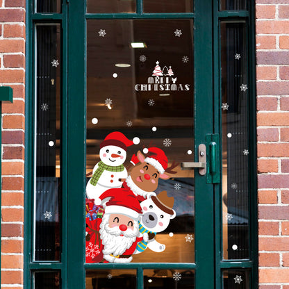 Christmas window decal with Santa, snowman, reindeer, polar bear, snowflakes, and Merry Christmas text