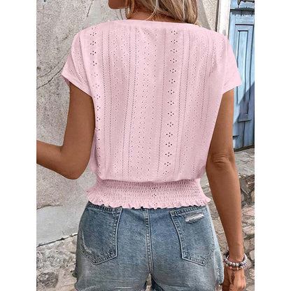 Women Summer Eyelet Top - Casual V Neck Blouse With Smocked Elastic Hem