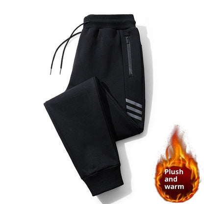 Black plush warm jogger pants with elastic waistband, zipper pocket, and reflective stripes