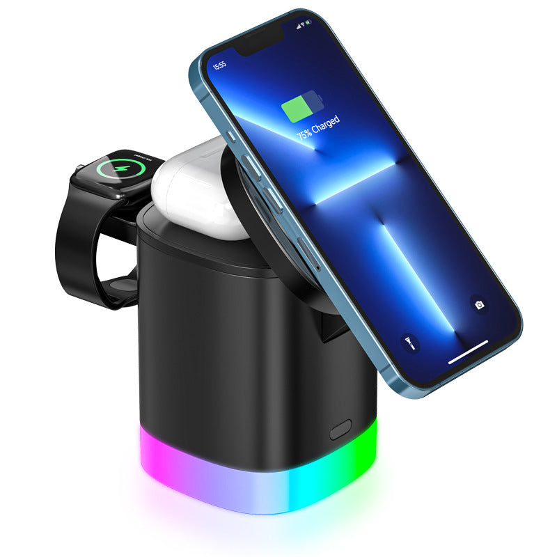Black multi-device wireless charger with smartphone, smartwatch, earbuds, and RGB light base