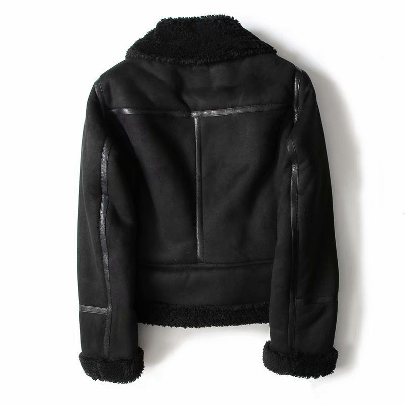 Suede Winter Jacket - Women's Warm Coat With Lamb Wool Motorcycle Outerwear