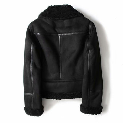 Suede Winter Jacket - Women's Warm Coat With Lamb Wool Motorcycle Outerwear
