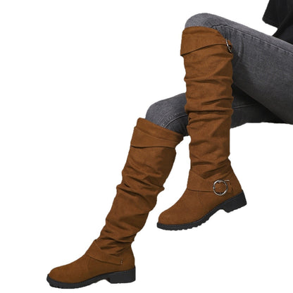 High Top Riding Boots – Warm Suede Winter Pleated Buckle Footwear