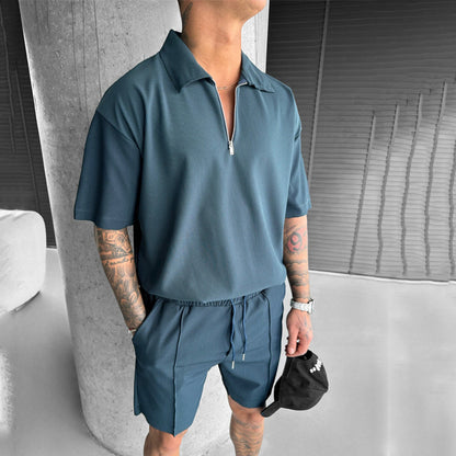 Mens Casual Suit Set | Summer Mens Clothing | Zipper Polo & Drawstring Shorts