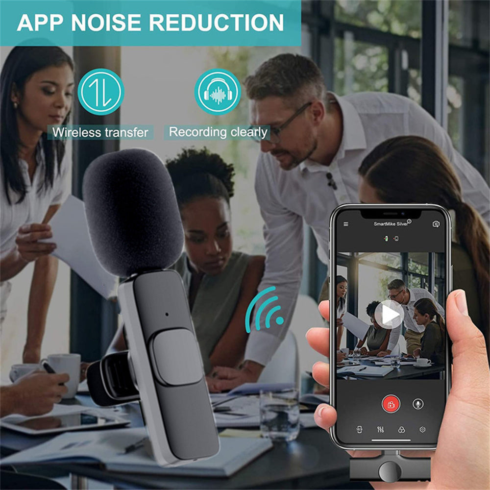 Wireless microphone with noise reduction feature shown recording a business meeting on smartphone app