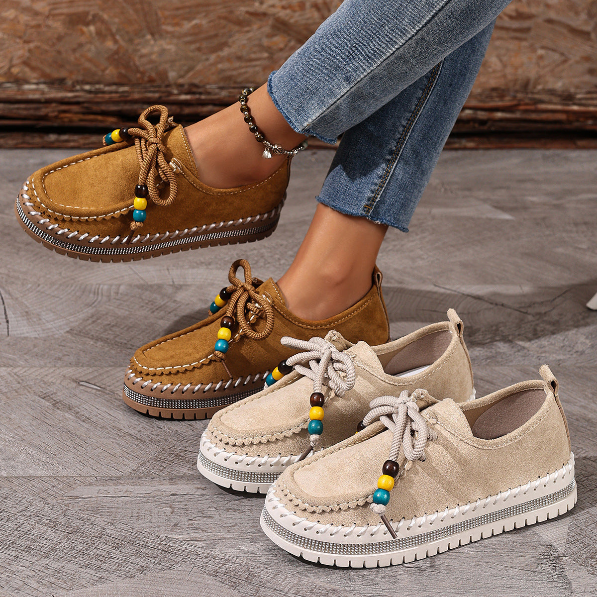 Women's Thick-Soled Flats | Retro Beige Suede Casual Shoes With Rubber Sole