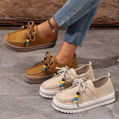 Women's Thick-Soled Flats | Retro Beige Suede Casual Shoes With Rubber Sole