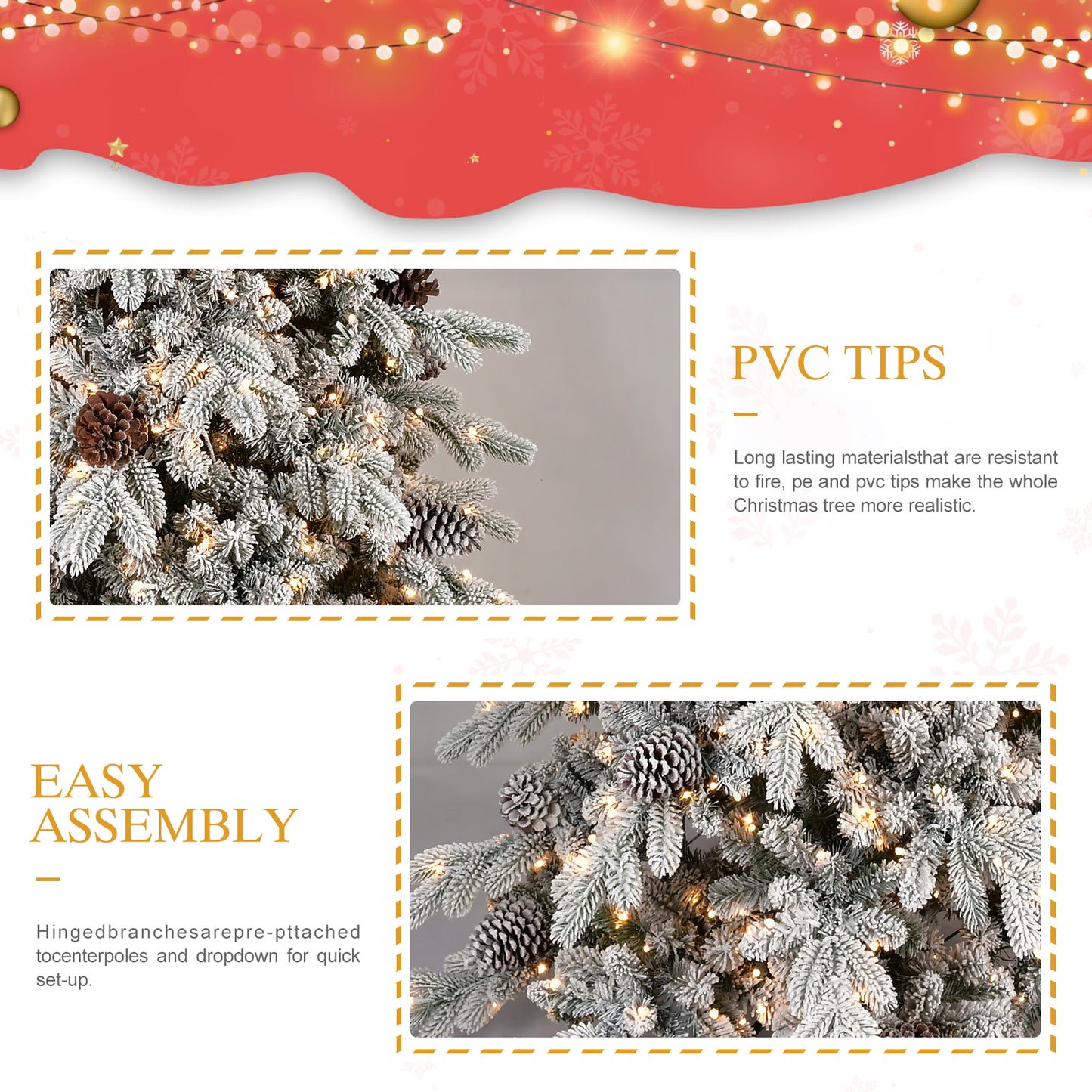 Close-up of flocked artificial Christmas tree branches with pinecones and warm white string lights