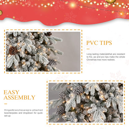 Close-up of flocked artificial Christmas tree branches with pinecones and warm white string lights