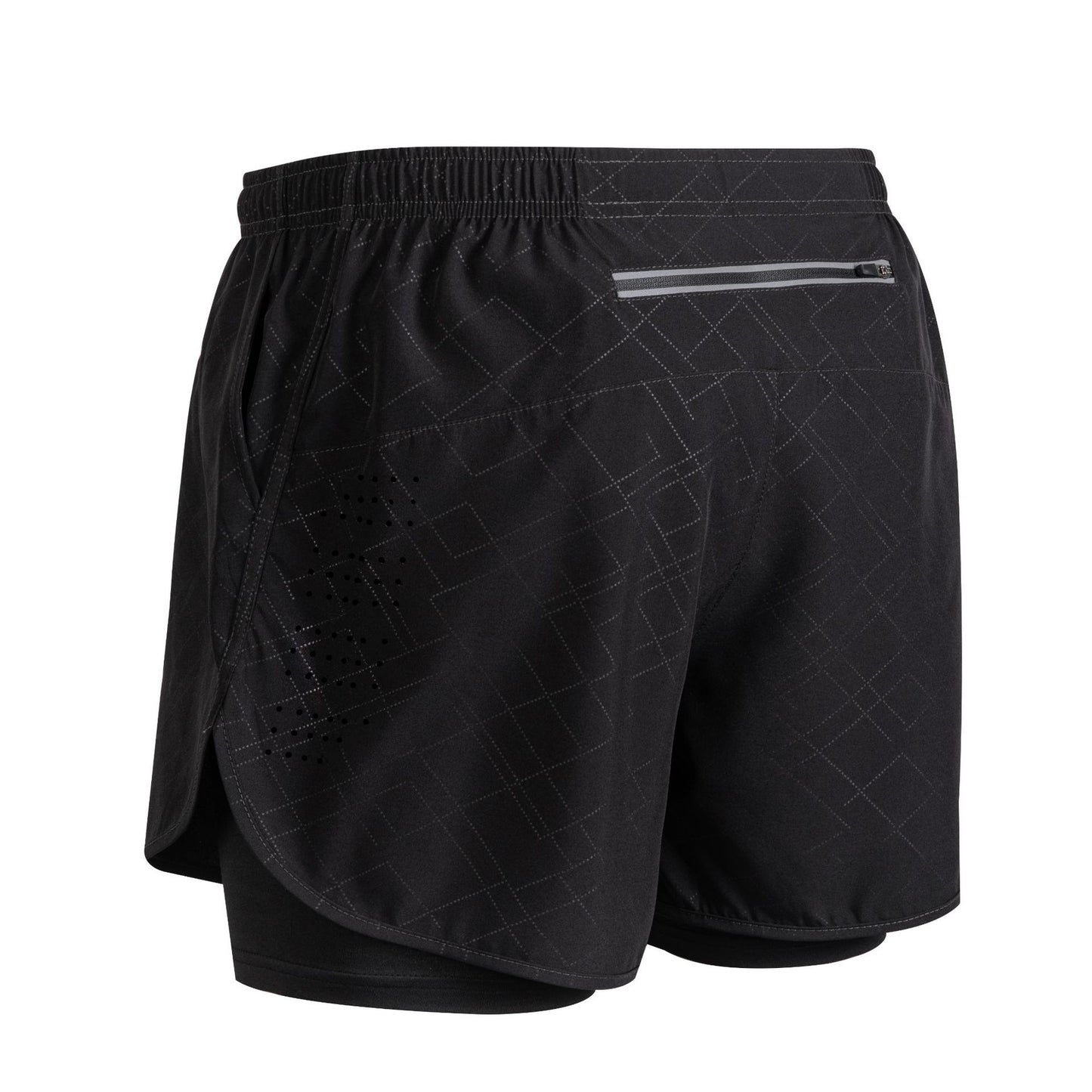 Black athletic running shorts with inner compression layer, reflective zipper pocket, and geometric pattern