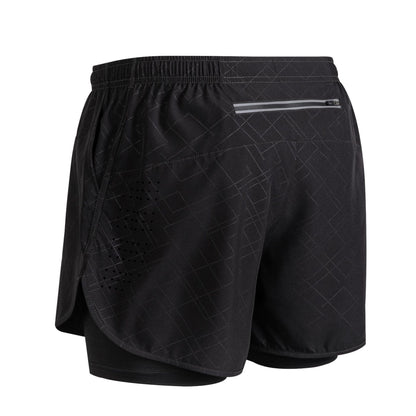 Black athletic running shorts with inner compression layer, reflective zipper pocket, and geometric pattern