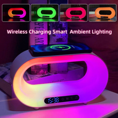 Oval wireless charging alarm clock with smart ambient multicolor LED lighting on a bedside table