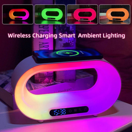 Oval wireless charging alarm clock with smart ambient multicolor LED lighting on a bedside table