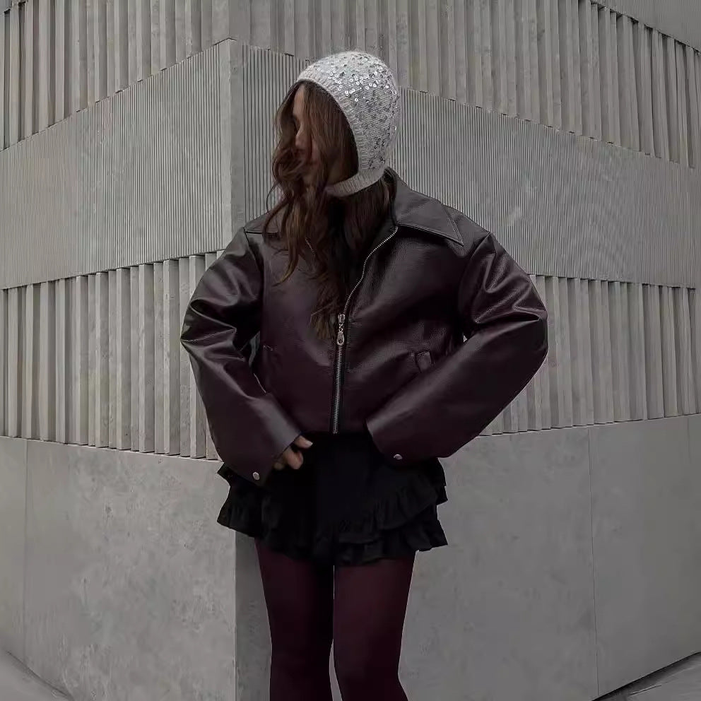 Leather Zipper Jacket | Women's Casual Lapel Coat | Burgundy & Black