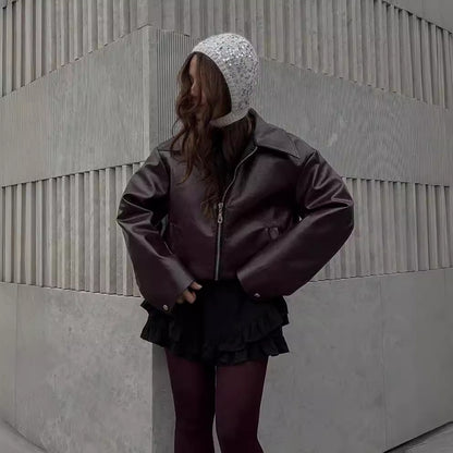 Leather Zipper Jacket | Women's Casual Lapel Coat | Burgundy & Black