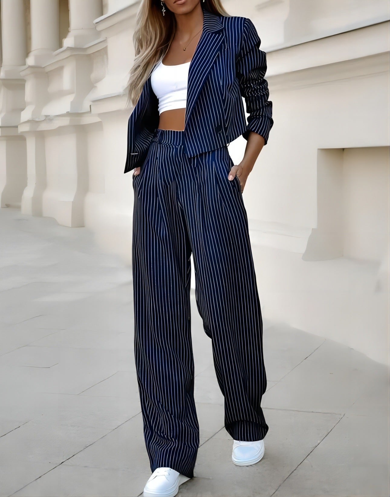 Striped Suits Women | Stylish Spring Fashion Two Piece Set With Cropped Top