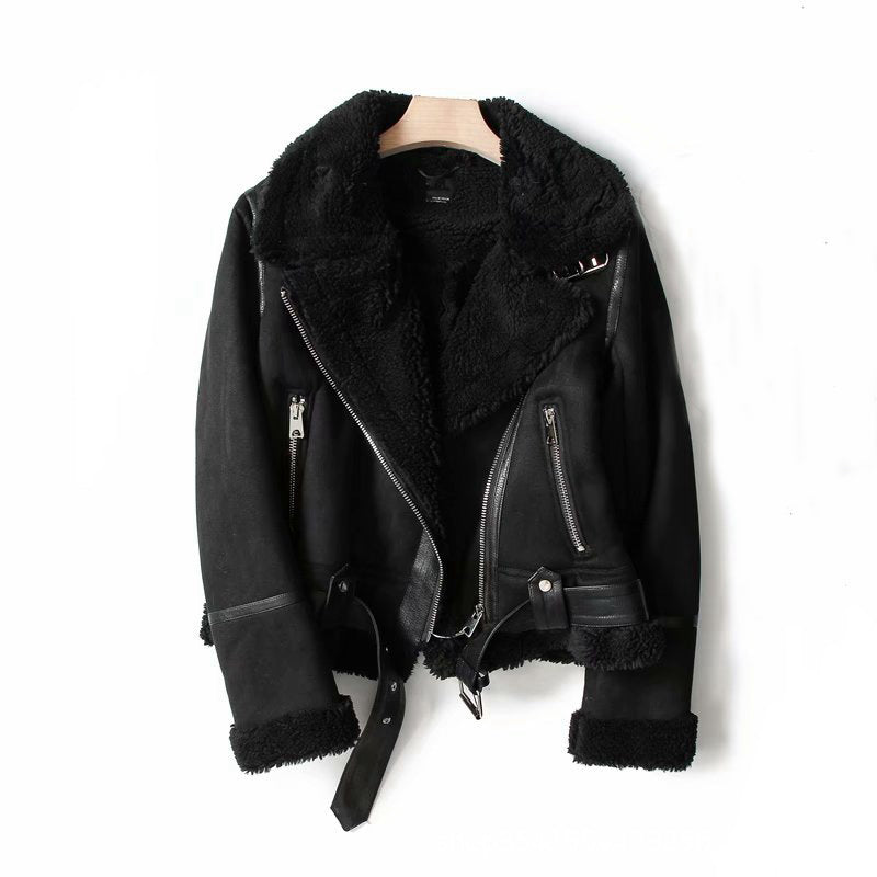 Suede Winter Jacket - Women's Warm Coat With Lamb Wool Motorcycle Outerwear