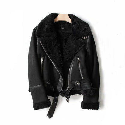 Suede Winter Jacket - Women's Warm Coat With Lamb Wool Motorcycle Outerwear