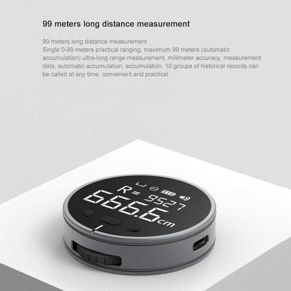 Round digital laser distance meter with 99 meters range and centimeter display on black screen