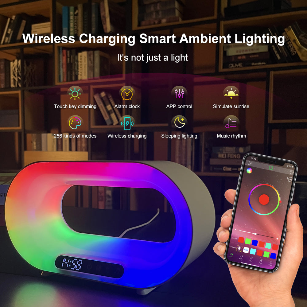 Smart ambient LED light with wireless charging, digital clock, and app-controlled color settings