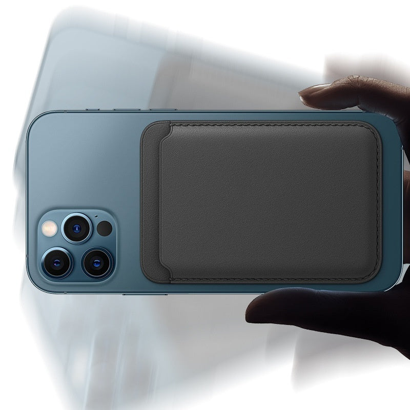 Blue smartphone with triple camera held by hand featuring attached black leather magnetic wallet