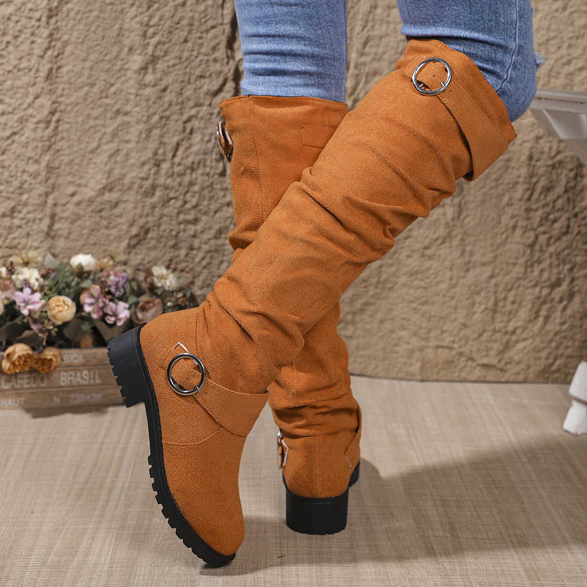 High Top Riding Boots – Warm Suede Winter Pleated Buckle Footwear