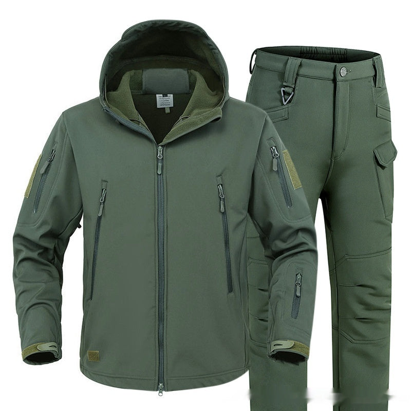 Olive green tactical softshell jacket and cargo pants with multiple zippered pockets