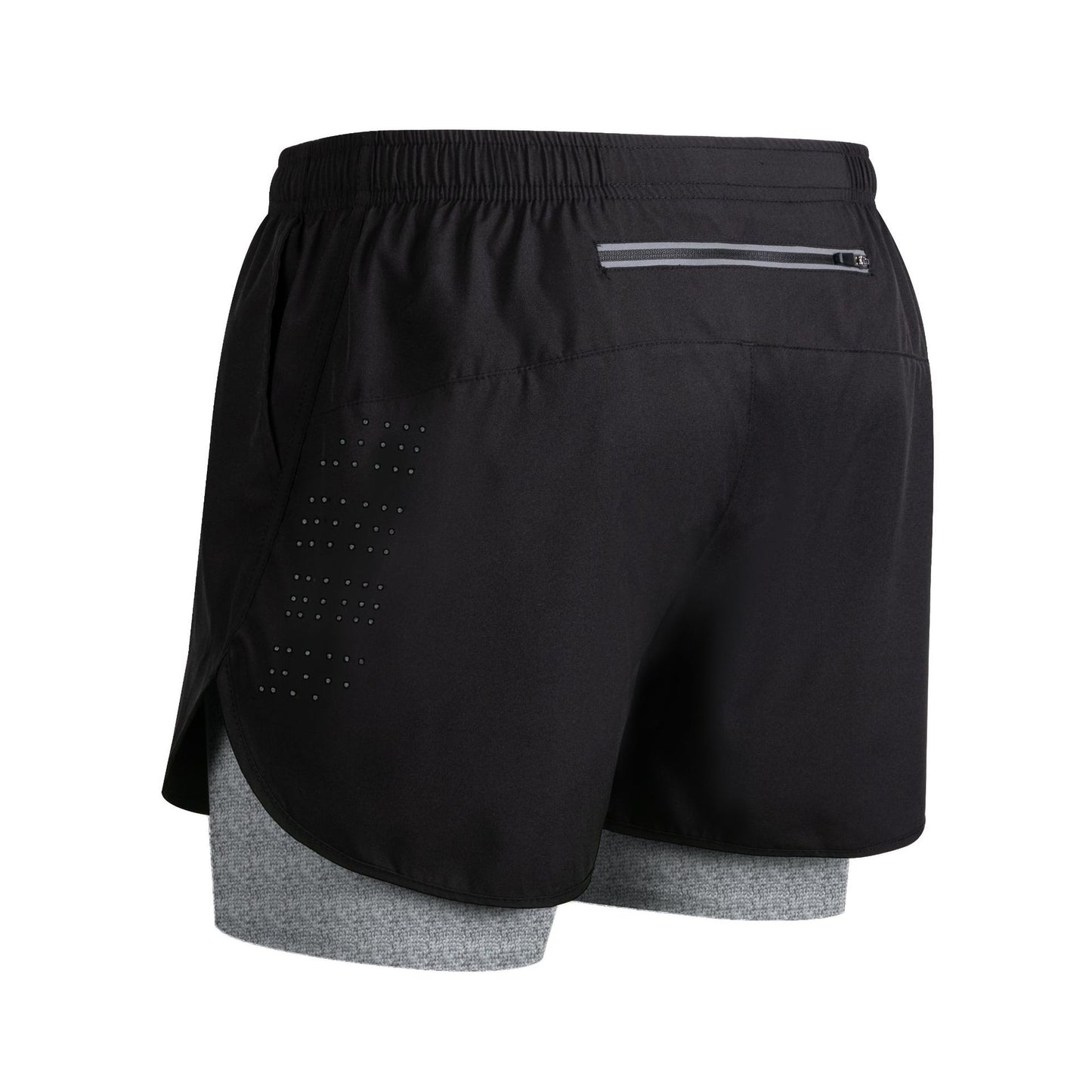 Black men's running shorts with built-in gray compression liner and back zipper pocket