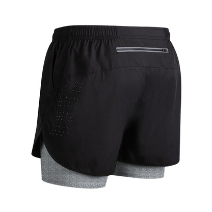 Black men's running shorts with built-in gray compression liner and back zipper pocket