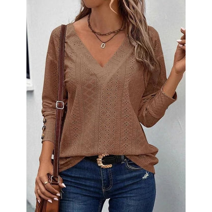 Women Eyelet Blouse - Long Sleeve V Neck Top | Casual Loose Fall Shirt