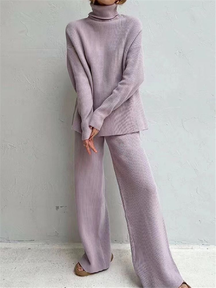 Knitted Tracksuit Set - Women's Two Piece Clothing With Turtleneck Sweater & Pants