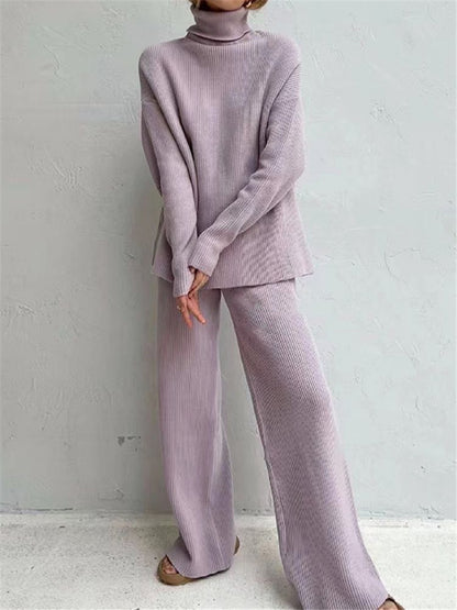 Knitted Tracksuit Set - Women's Two Piece Clothing With Turtleneck Sweater & Pants