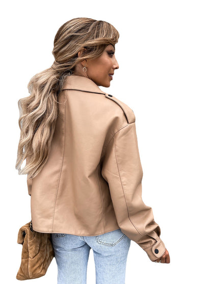 Women PU Leather Jacket | Loose Top Coat | Lapel Collar Imitation Leather