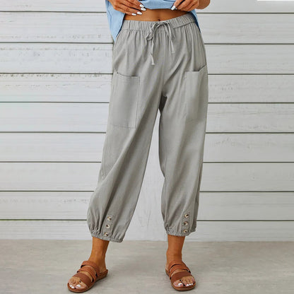 Cotton Linen Pants - Women's Drawstring Waist Trousers With Pockets & Buttons